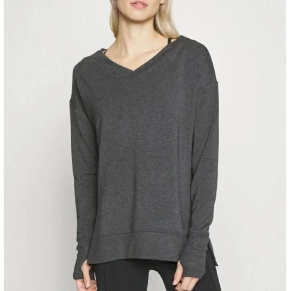 Athleta Coaster Luxe V-Neck Sweatshirt Grey Size Medium THUMB HOLES